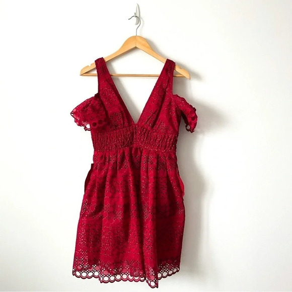 Self Portrait Openwork Lace Eyelet V Neck Dress Red Sz S - Picture 5 of 11